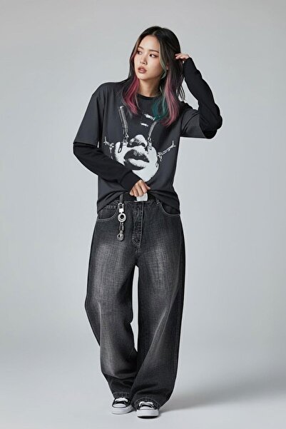 Karakedi Füme Women Portrait Black Sleeves Slim Gothic Unisex T-Shirt