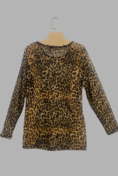 Seamoda Μπλούζα με μακρύ μανίκι από τούλι ελαστικό ύφασμα με μοτίβο λεοπάρδαλης-ΚΑΦΕ