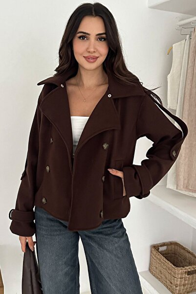 VAGGON Women's Brown Buttoned Sleeve Detailed Fur Collar Cashmere Coat Vs01573