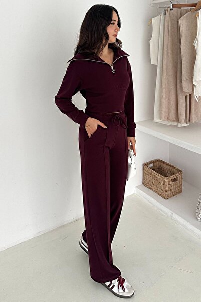VAGGON Women's Burgundy Half-Zip Crop Sweat and Wide-Leg Sweatpants Set Vs01568