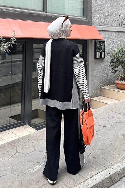 lamelif Side Striped Poncho Hijab Set Black