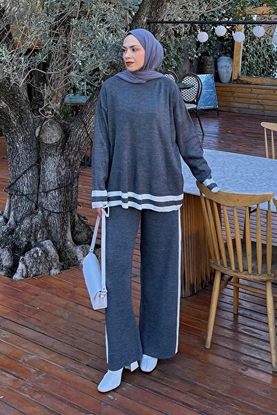 lamelif Striped Trousers Knitwear Hijab Set Anthracite