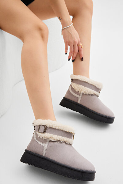 Tonny Black Women's Gray Thick Poly Sole Fur Detailed Suede Look Casual Boots