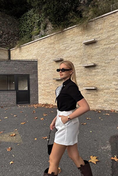 lizge giyim Pulover tricotat cu guler polo și detaliu eșarfă, cu mânecă scurtă