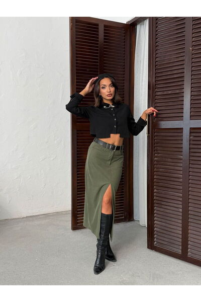 Ecenin Favorileri Corded Fabric Velvet Front Slit Midi Women's Skirt