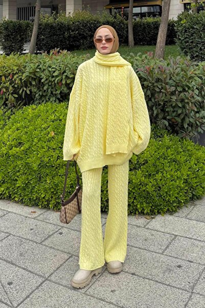 lamelif Knitted Pattern Double Suit with Scarf Yellow