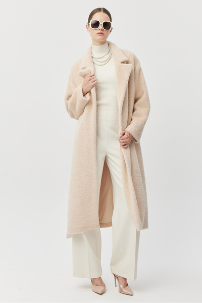 PAULMARK Γυναικείο μακρύ γούνινο παλτό με ζώνη