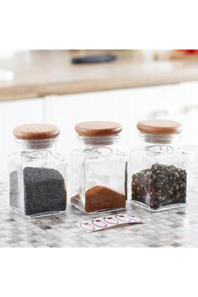 Florentyna Set of 3 containers with wooden lid, for spices, glass jar, capacity 150 ml, Florina