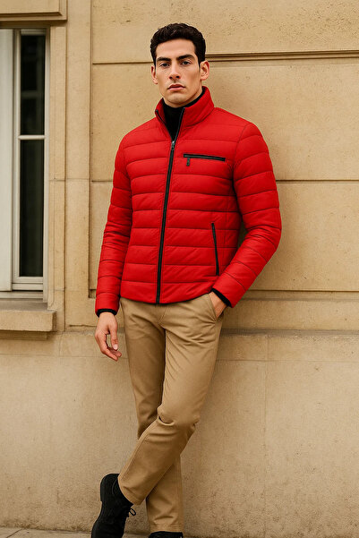 comstar Men's Trend Basic Mock Neck Winter Red Puffer Jacket