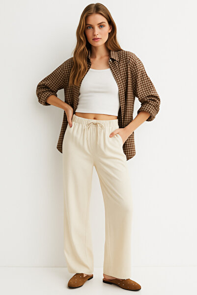 Rich Women's Cream High Waist Elastic Wide Leg Trousers-Multicolour 9