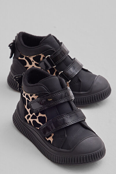 Tonny Black Children's Unisex Black Leopard Flexible Thermo Sole Double Velcro Strip Patterned Sports Short Boots