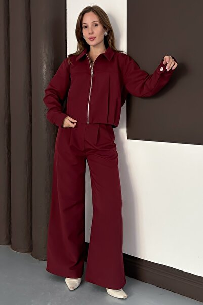 VAGGON Women's Burgundy Zipper Closure Sweat Wide Leg Pants Set Vs01564
