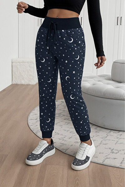 JANES Women's High Waist Lace-Up Patterned Two Thread Pants, Relaxed Fit Jogger Pants