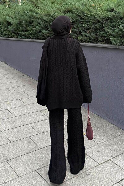 lamelif Scarf Knitted Pattern Double Suit Black