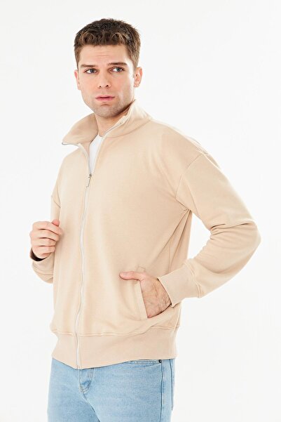TRENDHİLL Ανδρικό μπλουζάκι από βαμβακερό φούτερ με φερμουάρ μπεζ 9507-B