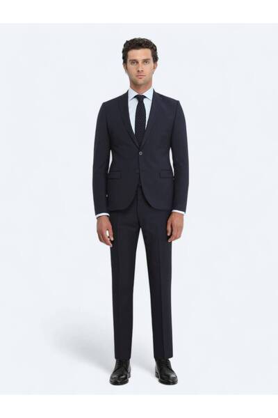 Kip Navy Plain Slim Fit Wool Blended Suit
