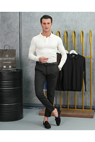 MODEFENDİ سترة تريكو بياقة بولو من القطن الأبيض للرجال من ليكرا قصة ضيقة