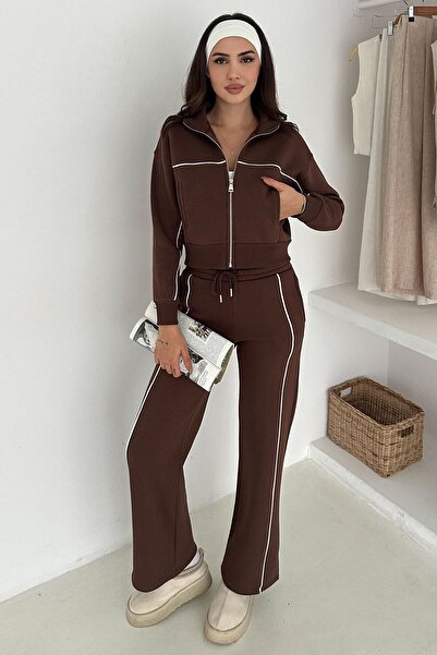 VAGGON Women's Brown Contrast Stitching Piece Zippered Crop Sweat and Wide Leg Sweatpants Set Vs01571