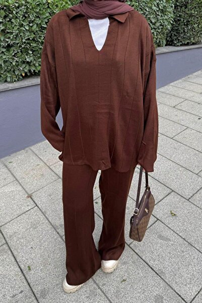 lamelif Collar Detail Double Hijab Set Bitter Brown