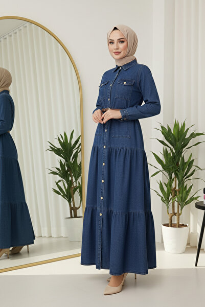 FERHEL Γυναικείο μακρύ τζιν φόρεμα με κουμπιά και ζώνη