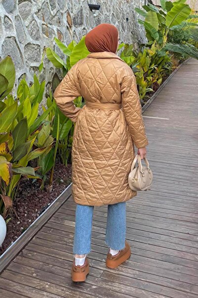 lamelif Jacket Collar Belted Quilted Coat Beige