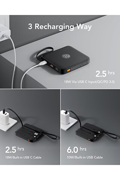 Generic VRURC 10000mAh Portable Charger with Built-in Cables, 22.5W Fast Charging