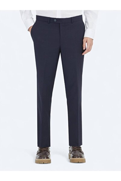 Kip Navy Blue Plain Weave Fitted Fit Classic Wool Blend Trousers