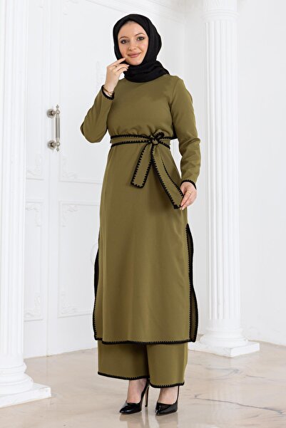 Modamihram Shepherd's Stitch Belted Suit Khaki Msw19365-4