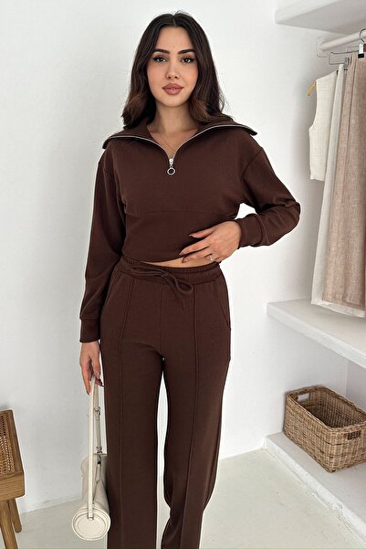 VAGGON Women's Brown Half-Zip Crop Sweat and Wide-Leg Sweatpants Set Vs01568
