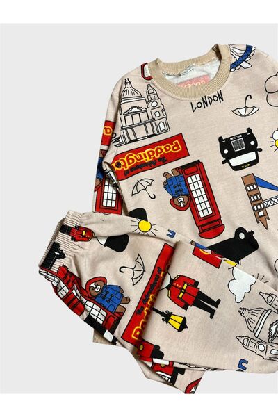 tusem butik homewear Boy's Cotton Fleece-Lined Beige Color Tree Cloud Patterned Long Sleeve Winter Pajama Set