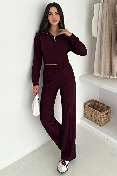 VAGGON Women's Burgundy Half-Zip Crop Sweat and Wide-Leg Sweatpants Set Vs01568