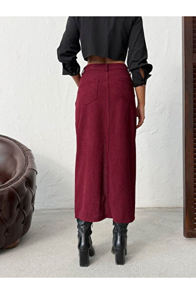 Ecenin Favorileri Corded Fabric Velvet Front Slit Midi Women's Skirt