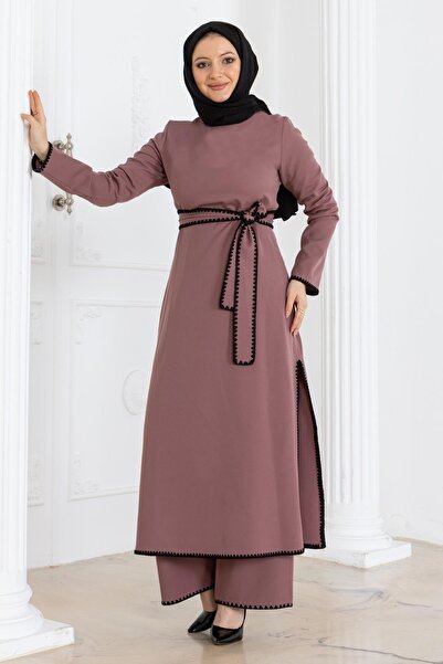 Modamihram Shepherd's Stitch Belted Suit Dusty Rose Msw19365-3