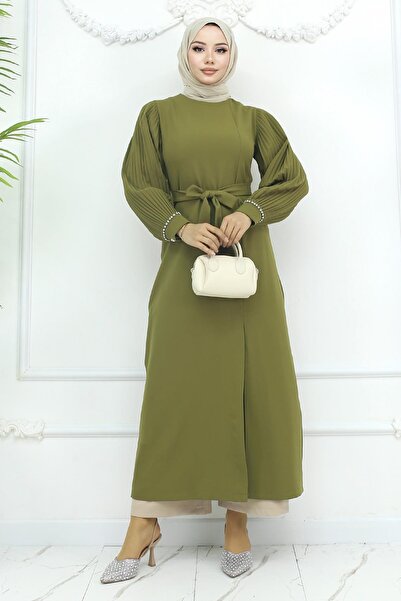 Modamihram Pleated Slit Piece Set Khaki Msw19239-2
