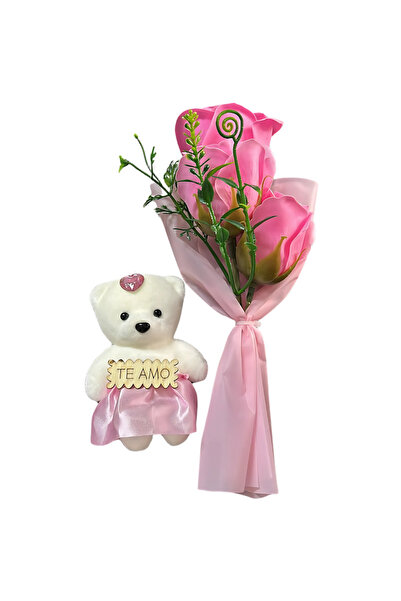 SDEPOT buchet de trandafiri artificiali roz, cu ursuleț de pluș