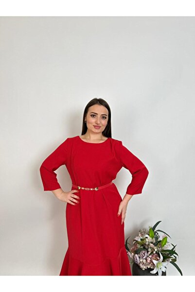 DE WHITES Plus size belted dress with fish detail bottom skirt part