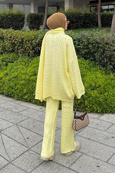 lamelif Knitted Pattern Double Suit with Scarf Yellow