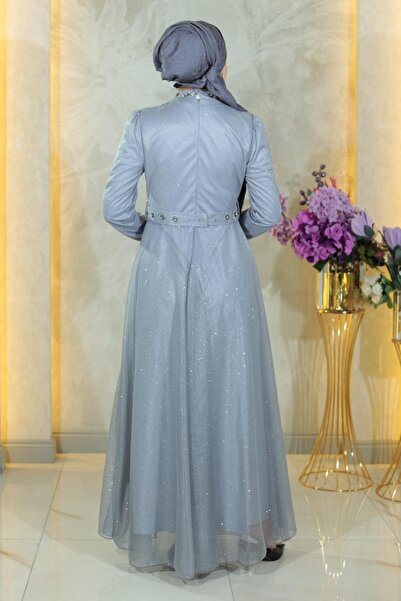 Modamihram Срібна вечірня сукня з драпіруванням на грудях та блискітками MSW19188-4