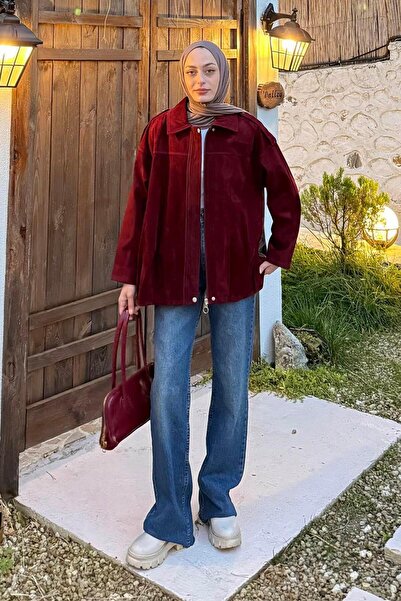 lamelif Shoulder Epaulettes Suede Coat Burgundy