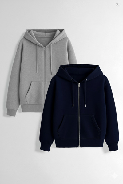 KVİNS 2'Li Unisex Fermuarlı Kapüşonlu Basic Sweatshirt Hırka - Pamuklu Rahat ...