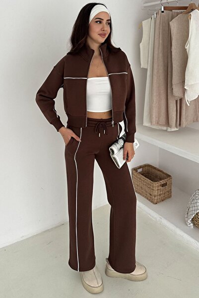VAGGON Women's Brown Contrast Stitching Piece Zippered Crop Sweat and Wide Leg Sweatpants Set Vs01571