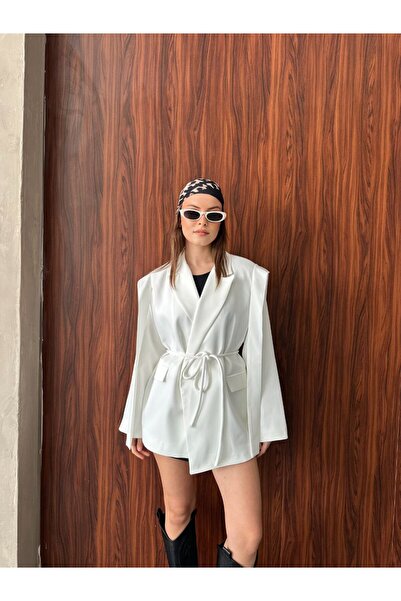 solena sln Women's Pinterest Model Design Belted Oversized Blazer Jacket