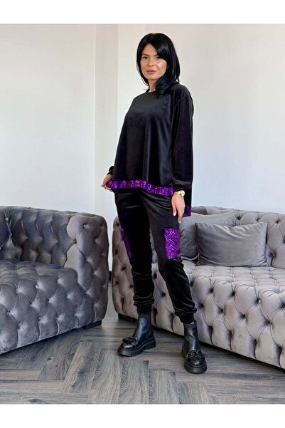 RAMONA BADESCU Trening din catifea cu detalii din paiete mov și pantaloni cu ...