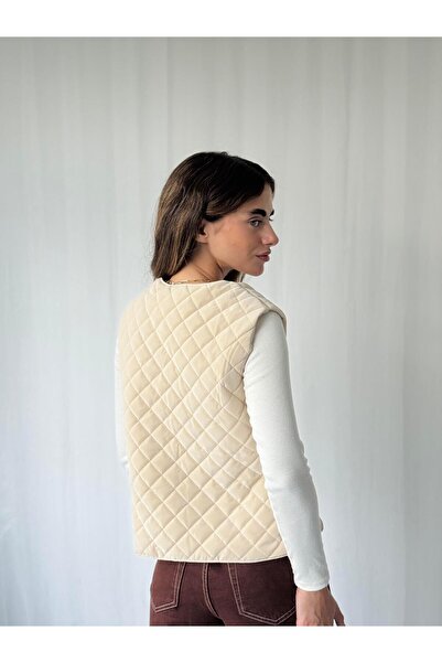 Retrobird Design Front Buttoned Quilted Vest Women's Cream