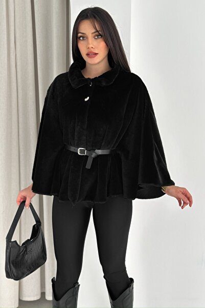VAGGON Women's Black Belt Detailed Plush Poncho Vs01566