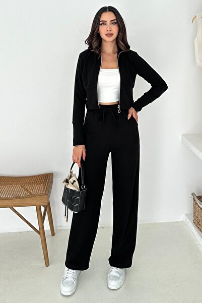 VAGGON Women's Black Zipper Closure Crop Sweat and Wide Leg Sweatpants Set Vs01567