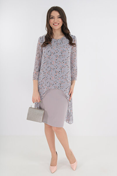 Vanessa Line RO Elegant gray dress with Printed and layered look