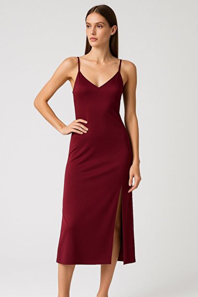 Kallisto Cherry Rot V-Neck Adjustable Strap Polyamide Dress - Slim Fit