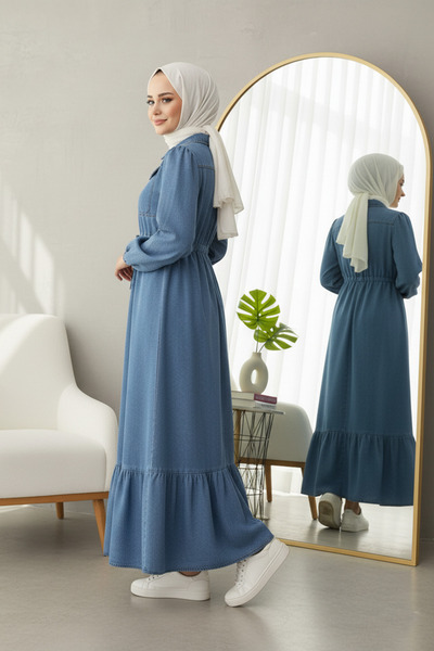 FERHEL Γυναικείο μακρύ τζιν φόρεμα με φερμουάρ 2 τσέπες και ζώνη