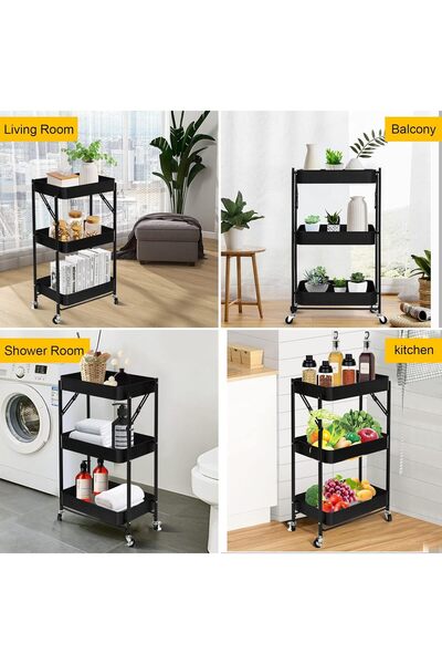 BUNCA 🧺 3-Tier Foldable Metal Kitchen Storage Cart and Organizer, Stylish and Versatile Design for Kitchens and Home Rooms